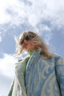 Long Wool Coat FATTY | Blue Floral & Green Pattern